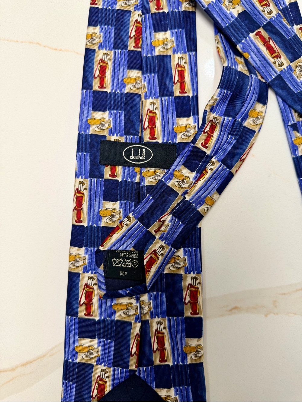 Vintage Dunhill Golf Bag Novelty Tie 100% Silk Blue Designer Necktie - Picture 4 of 4